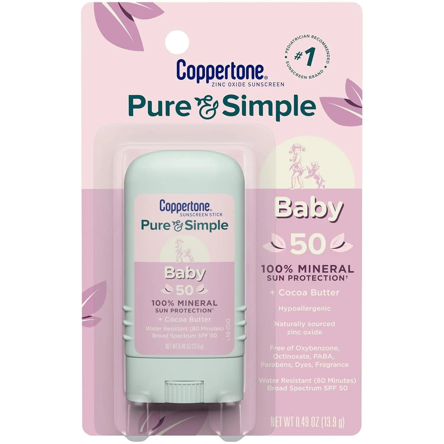Coppertone Pure and Simple Baby Sunscreen Stick SPF 50, 0.49 OZ | Zinc Oxide Mineral Sunscreen for Baby with Cocoa Butter, Hypoallergenic, PABA, Oxybenzone, Octinoxate, Paraben and Dye Free