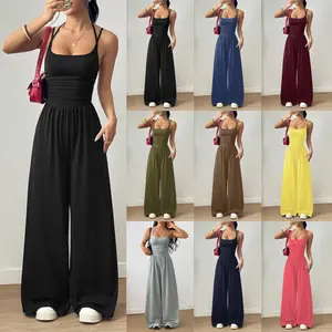 New unique and different suspender wide-leg pants jumpsuit casual sports women's chest-wrapped jumpsuit summer wide-leg loose running fitness must
