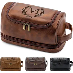 Personalized Gifts Travel Toiletry Bag for Men Him, Laser-Engraved Initial PU Leather Waterproof Shaving Bag Christmas Birthday Gift for Men Dad Husband Boyfriend Groomsmen, Reddish Brown M