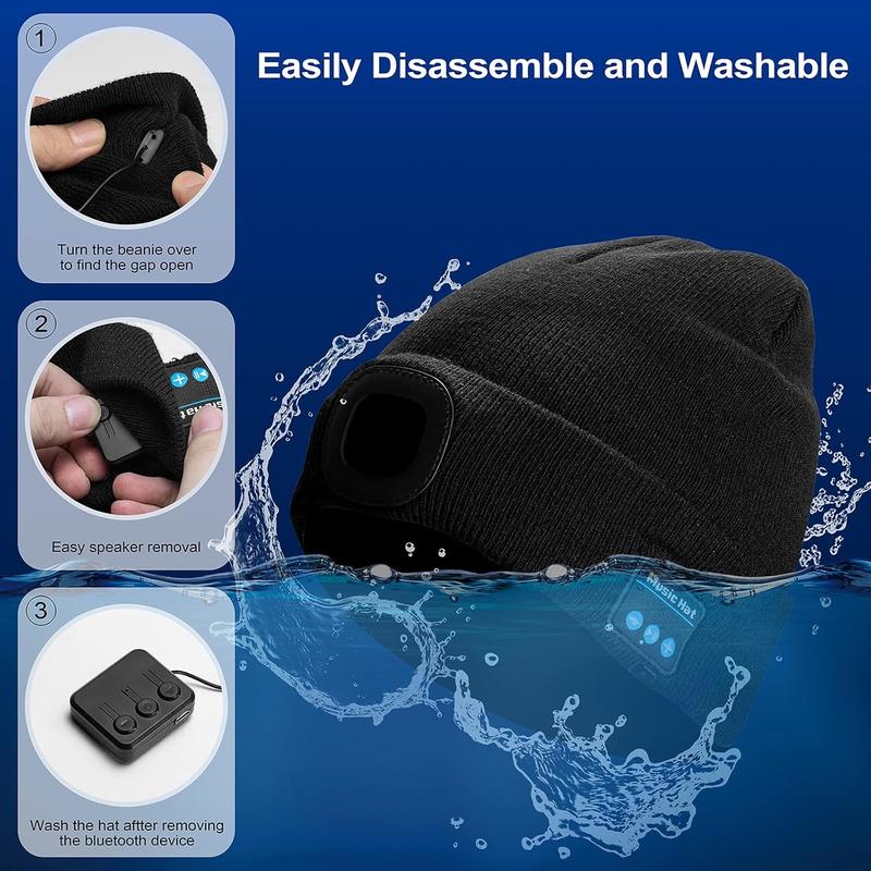 Bluetooth Beanie with Light, Unisex USB Rechargeable 4 LED Fashlight, Cordless Headphones, Unique Christmas Birthday Gift for Men outdoor hat