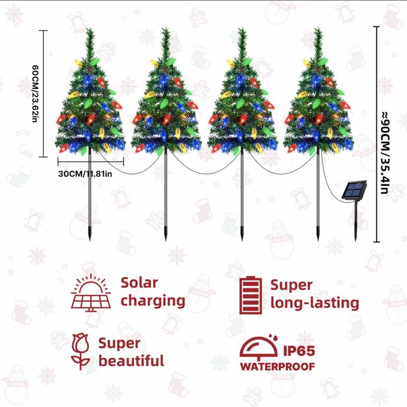Product Introduction of 1 Tow 4 Solar Christmas Tree Lights. Includes 80 colorful strawberry bulbs, IPX4 waterproof, suitable for outdoor patio garden decorations for festivals, driveways and Christmas parties! 6