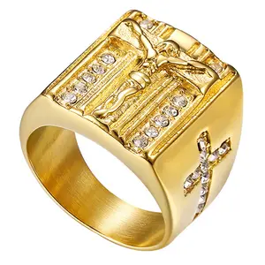 OIDEA Men's Gold Jesus Cross Ring, Stainless Steel Anti-Rust Steel Religious Crucifix Statement Band, Anti-Rust Steel Rings