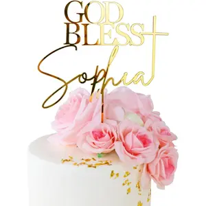 Personalized God Bless and Cross Cake Topper with Name,11 Colors Custom Acrylic Baptism Cake Decoration for First Communion,Baby Shower and Birthday Party (style1)
