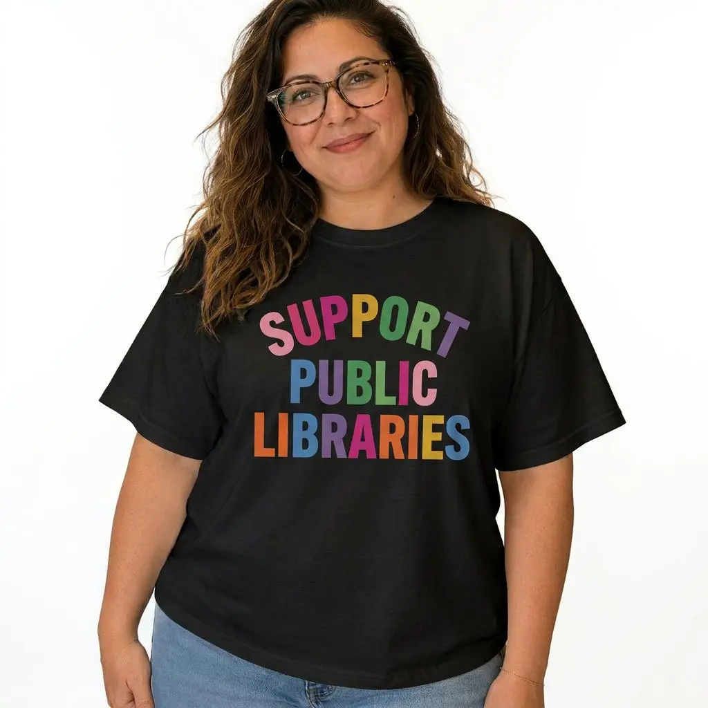 Women's Book Lover Graphic Tee, Casual Plus Size Short Sleeve Cotton Top, Comfortable Support Public Libraries Librarian Shirt, Tops, Shortsleeve, Round Neck, T-Shirt, Unisex