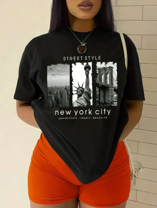 Trendy Nostalgic New York City Tee Downtown City Sightseeing Trip Urban Friend Hangout Summer Cotton Short Sleeve NYC Landmark Collage Heat Transfer Print Tshirt