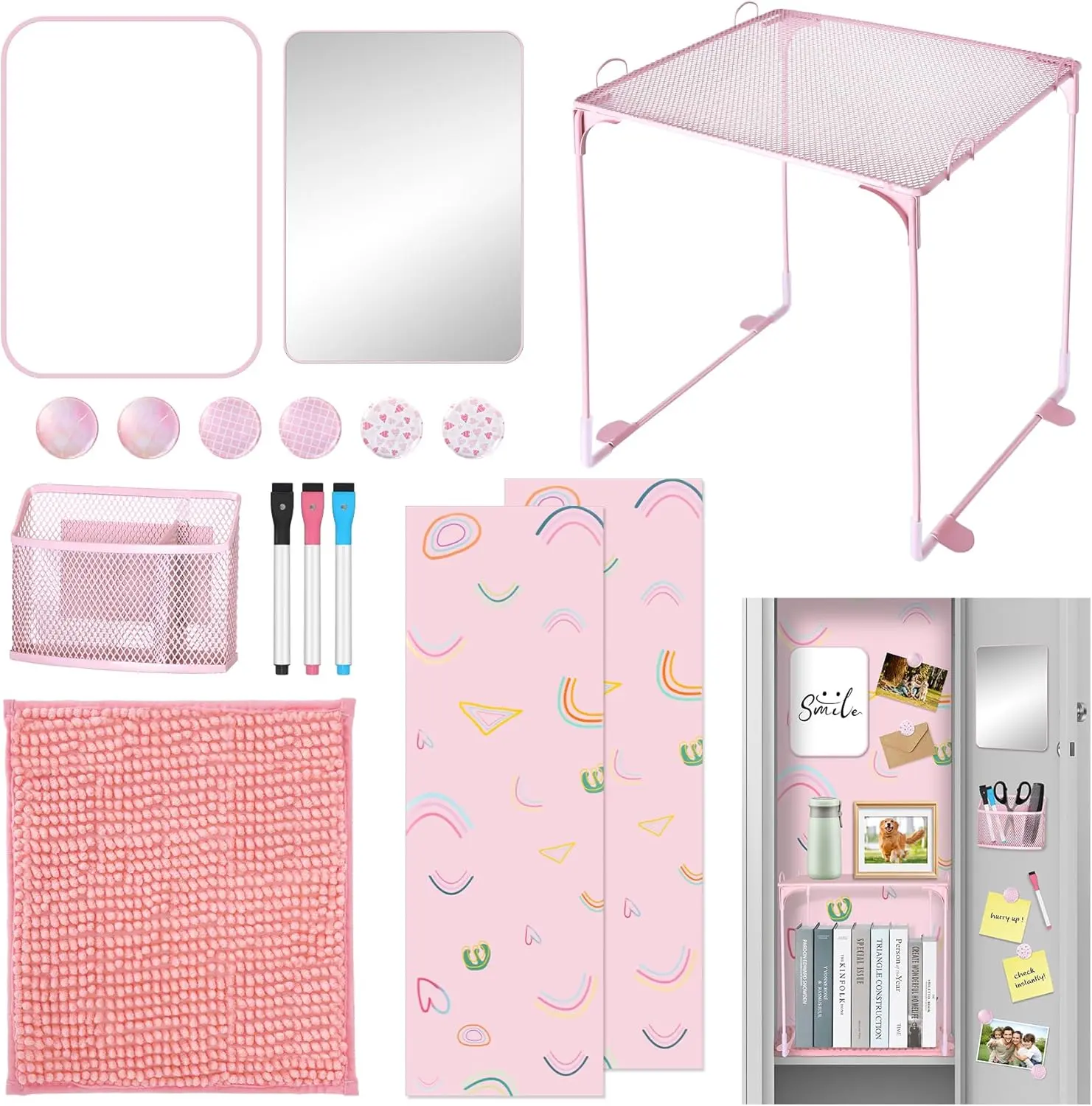 16 count Pink Locker Accessories for Girls, Locker Organizer & Decorations with Shelf, Rug,  Wallpaper, Mirror, Whiteboard, Pen Holder, Markers,  for  to School Office Gym