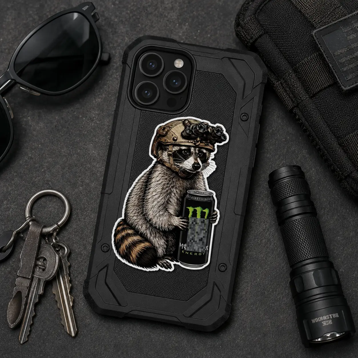 Green Bottle Tactical Raccoon Sticker, Military Style Animal Vinyl Decal, Waterproof Laptop Car Tumbler Gift