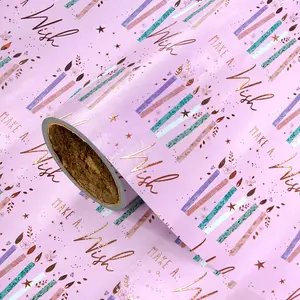 Wish Gift Wrapping Paper Roll, Rose Gold Foil Candle and Text Print, 43.2cm X 300cm, Ideal for Birthday Parties, DIY Craft Decorations