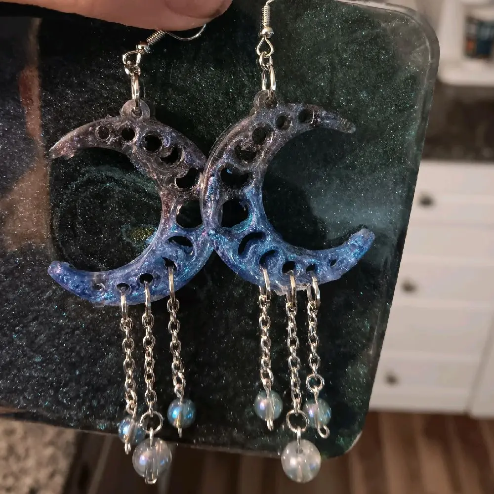 Celestial Cresent Dangling Earings Handmade Resin Moon Earrings with Silver Chains & Iridescent Beads Hypoallergenic Hooks for Moon Lovers