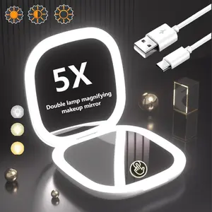 Portable LED Makeup Mirror, 5x Magnification Double Sided Mirror, Rechargeable Pocket Mirror, Foldable LED Mirror for Travel, Home, Office, Decor