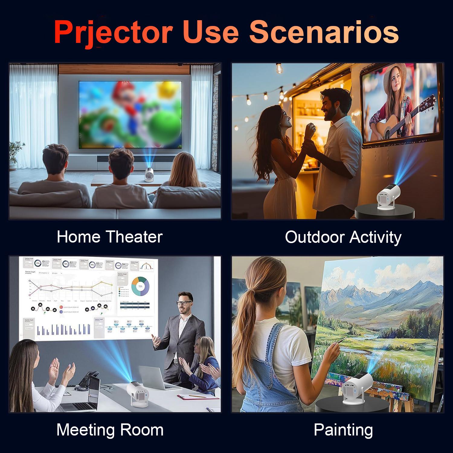 Mini Projector 350ANSI 720P Native 4K Decode | Android 13 Dual WiFi6 BT5.2 | Auto Keystone 130" Screen for Home Cinema | US Stock