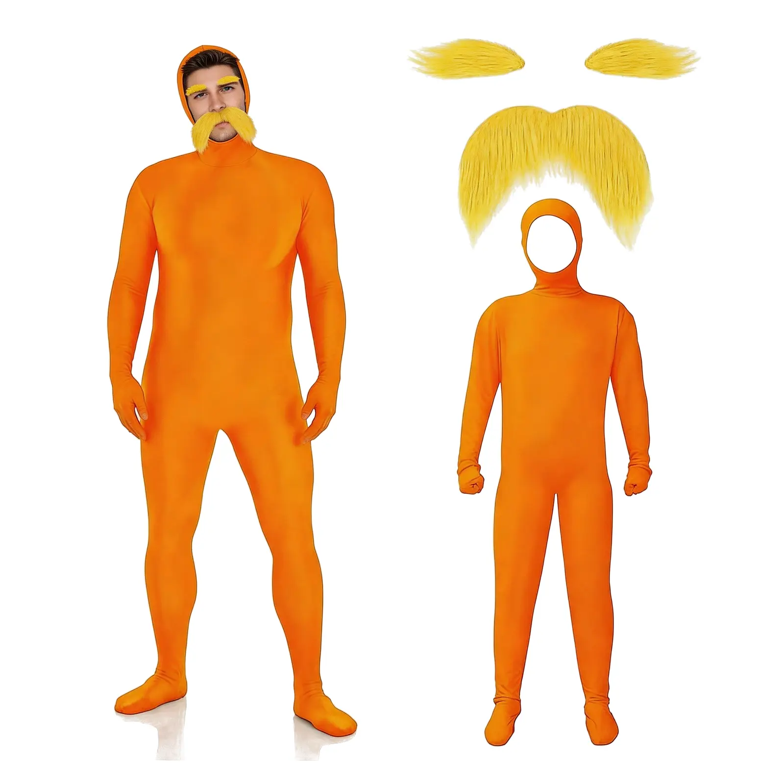 Orange Costume Yellow Mustache and Eyebrows Halloween Costume Orange Jumpsuit for Halloween Christmas Party Cosplay