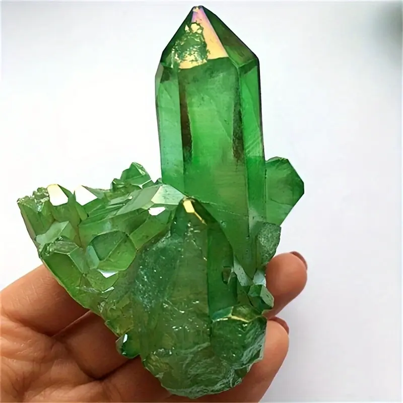 [Classic Style, Rainbow Light] 1pc Green Crystal Cluster - Electroplated Skeleton Mineral Specimen for Home Decor with Purification and Demagnetization