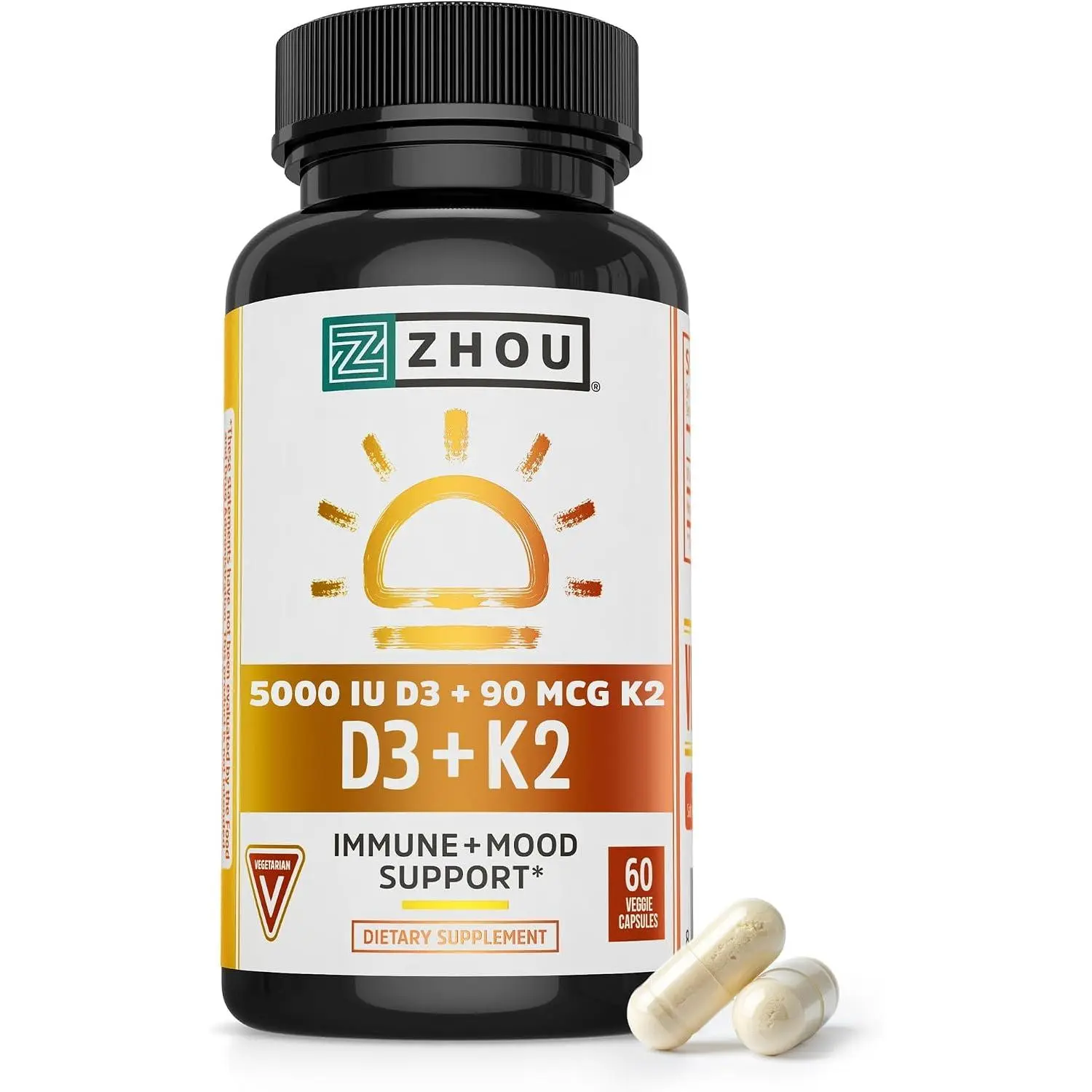 Zhou D3+K2 - Vitamin D3 K2 Supplement for Women & Men - 60 Veggie Capsules
