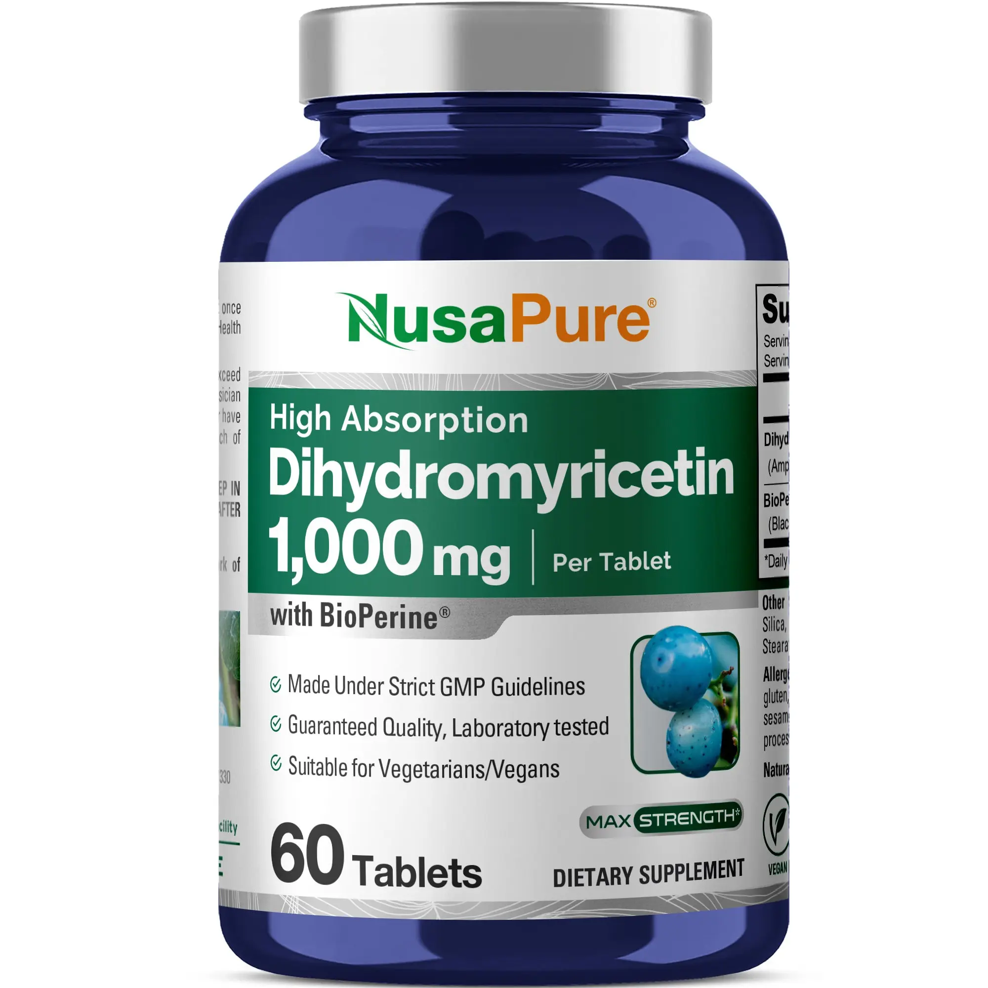 NusaPure Dihydromyricetin (DHM) Vitamins Supplements, 1000mg, 60 Veggie Tablets - Non-GMO, Plant-Based, GMP-Certified Antioxidants for Metabolism Support