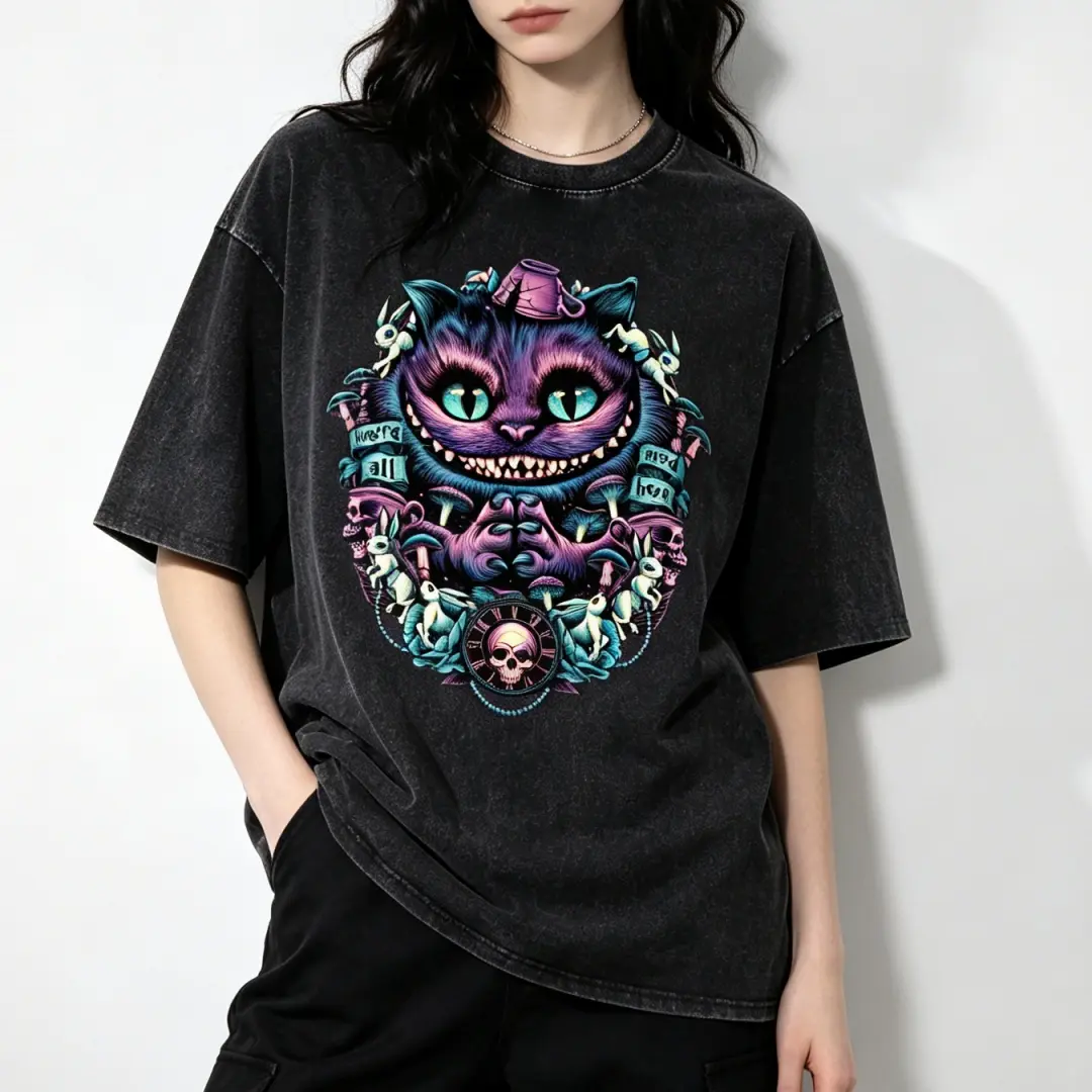 Women's Vintage Washed Heavyweight Cotton Streetwear T-Shirt - Baggy Oversized Round Neck, Dark Gothic, Cheshire Cat Psychedelic Art Graphic, Casual Loose Quote Tee