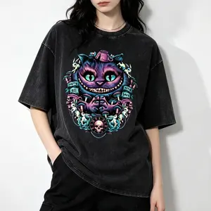 Women's Vintage Washed Heavyweight Cotton Baggy Oversized Round Neck Dark Gothic T-Shirt - Cheshire Cat Psychedelic Art Graphic, Casual Loose Quote Tee