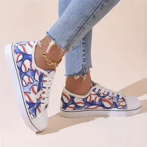 Women's Baseball Graphic Canvas Sneakers, Round Toe Lace Up Low Top Flat Shoes, Casual Walking Skate Shoes