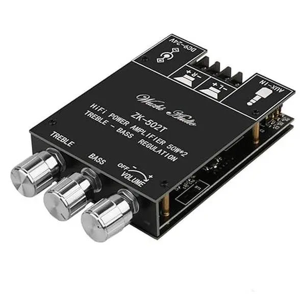 ZK-502T Mini Stereo Power Amplifier Board - 2.0 Channel, 50W+50W, Bluetooth 5.0, DC12-24V, AUX, Treble & Bass Controls for DIY Home Speakers (Music Accessories)