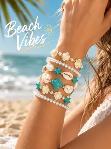 Beach Vacation Style Turtle Shell Beaded Bracelet Set, Bohemian Blue Resin Imitation Pearl Adjustable Jewelry