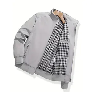 2025 New Men’s Lightweight Windbreaker Jacket – Casual Zip-Up with Stand Collar, Polyester, Solid Gray with Checked Detail Pocket – Perfect for Spring & Fall Menswear Zipper Fabric Coat/Top, Long Sleeve