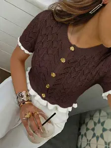 Women's Summer Hollow Out Knit Top, Knit Sweaters, Fitted Knitwear, Elegant Patchwork Design, Perfect for Casual Everyday Daily Wear & Dates, Stylish Ladies' Fashion Womenswear