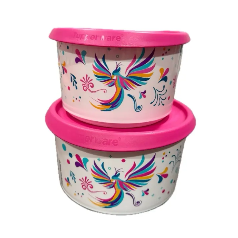 One touch set of 2 containers with bird design cap 4 cup and 6 cup Storage Utensils, Round, Bird Cap