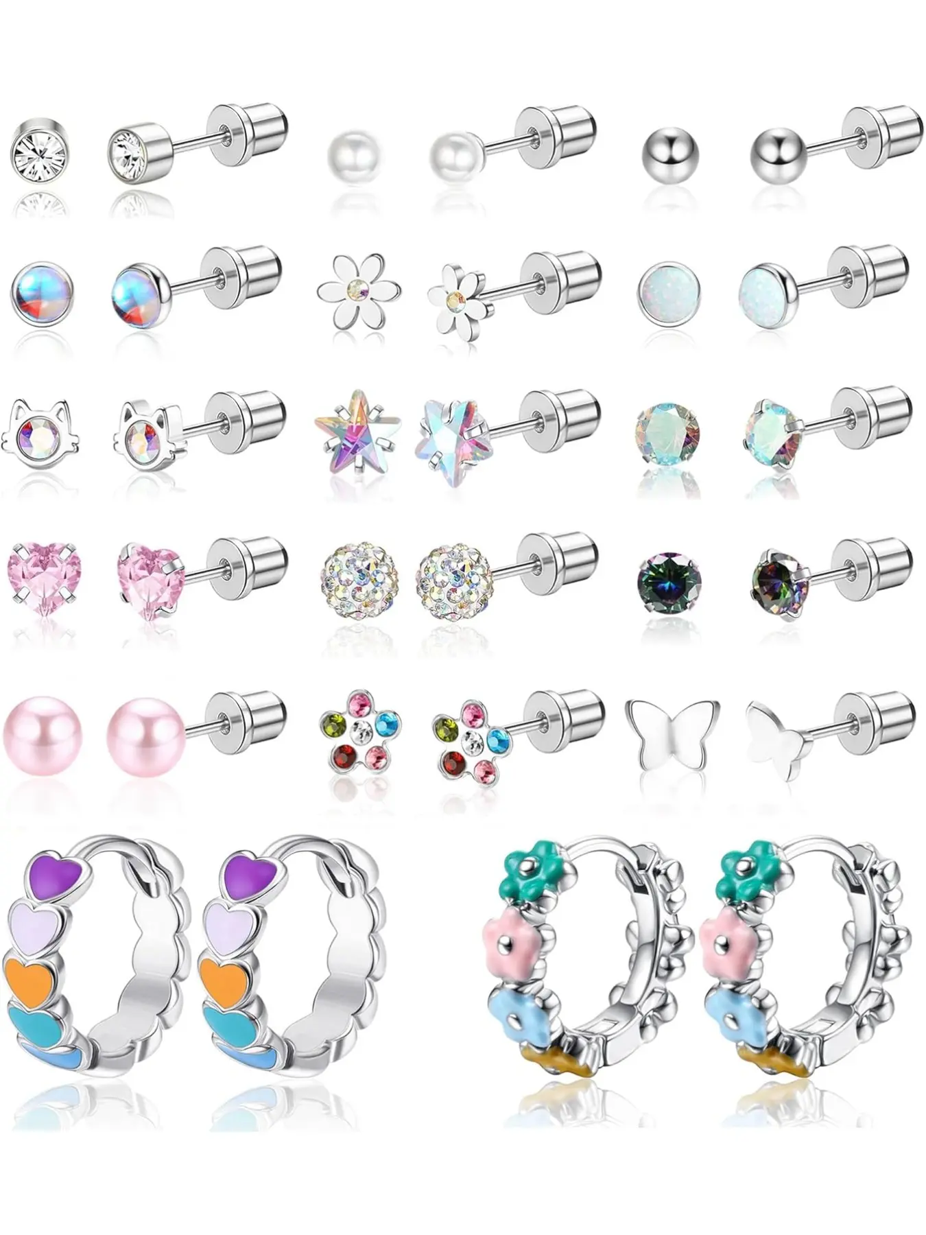 17 Pairs Hypoallergenic Earrings for Girls Women Surgical Steel Screw Back Earrings Toddler Baby Kids Earrings Studs 20G Stud Earring Jewelry