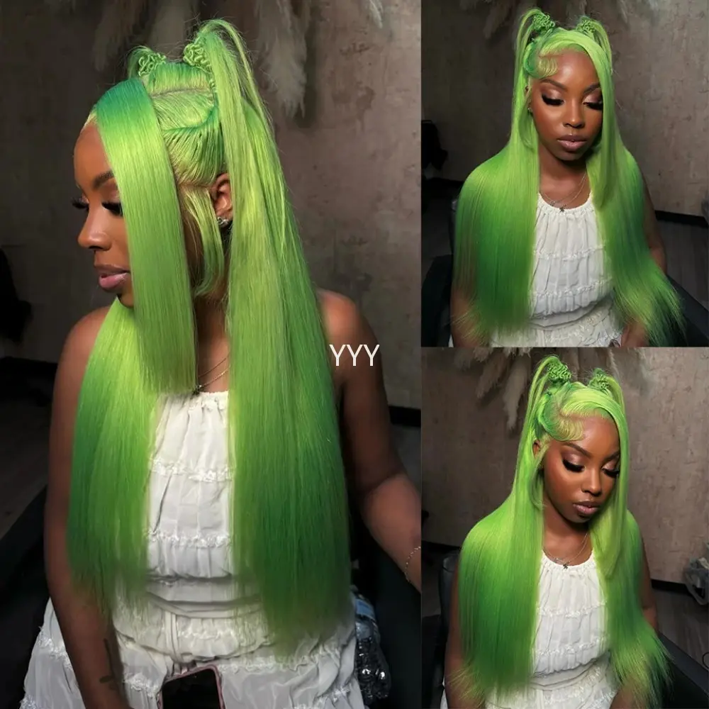 Glueless 13x4 Lace Front Wig 180% Density Green Hair Pre-Plucked Hairline Long Straight Hair Wigs for Women Suitable for Daily, Party, Vacation - 28 Inch Synthetic Lace Frontal Wig