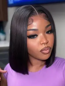 4x4 Glueless Wig Adjustable Human Hair HD Lace Human Hair Wig Straight Bob 10 Inch 99J/Brown/Black Color Pre-Cut Lace Natural Look Easy Wear Natural Looking Wigs Human Hair Wigs