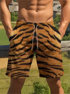Men's Summer 3D Digital Print Tiger Stripe Polyester Shorts - Lightweight breathable fabric, adjustable waist design, machine washable for casual beachwear and vacation shorts, extra-large size