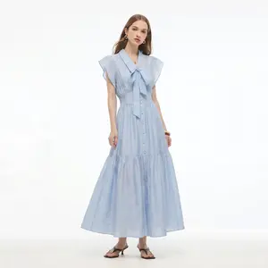 Tencel Blend Women Ruffle Cap Sleeve Maxi Dress With Sash