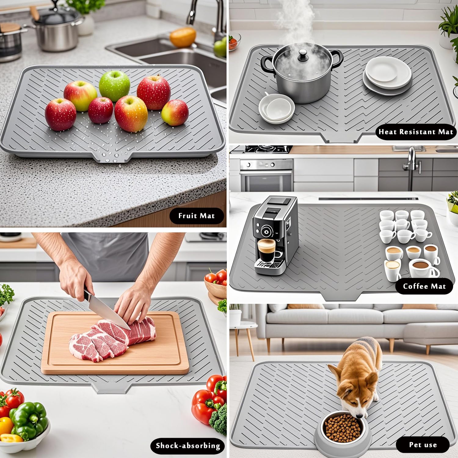 Rectangular Silicone Dish Drying Mat - 23x17in, Multi-Size, Self-Draining, Built-In Drain Lip, Heat-Resistant, BPA-Free, Durable, Waterproof, Non-Slip Kitchen Placemat That Efficiently Dries Dishes, Enhances Kitchen Functionality for Counters & Tableware
