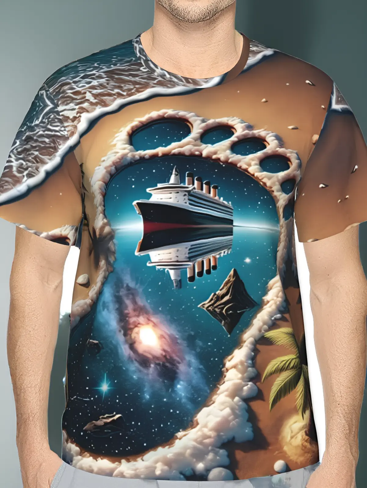 Men's Cosmic Galaxy & Ocean Graphic T-Shirt with a Surreal 3D Geometric Print, Casual Short Sleeve Polyester Streetwear Top, Xxxxl, Daily Wear, Drop Shoulder, All Seasons, Cosmic Print, Breathable, Beach Space Duality Artwork, Crew Neck, Dry Clean