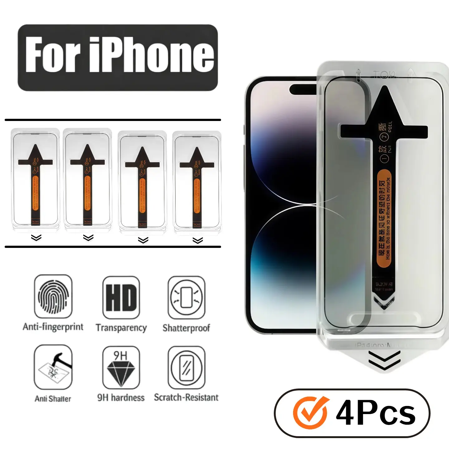 4-Pack Apple iPhone Screen Protectors, HD Tempered Glass, 9h Hardness, Bubble-Free, Easy Installation, Scratch-Resistant, Durable