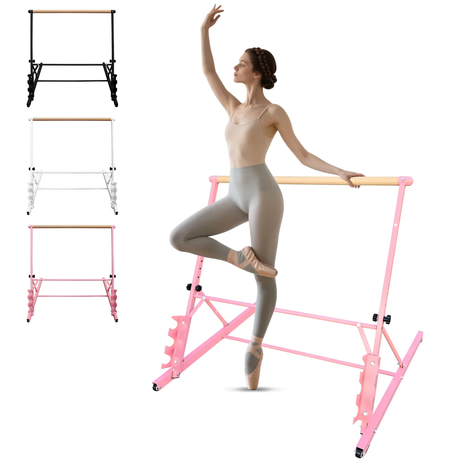 Pink Black White Solid Wood Ballet Barre Adjustable 31.5-39.5 Inches for Dance Practice Professional Design with Wheel for Easy Movement
