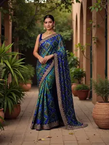 Bandhani Print Chinnon Silk Saree, Cultural Wear for Women