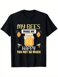 Funny Beekeeper T-Shirt with "My Bees Make Me Happy You Not So Much" Slogan & Beehive/Honeycomb Design - Lightweight Breathable Loose Fit Casual Beekeeping Gift Suitable for Men & Women All-Season 220G