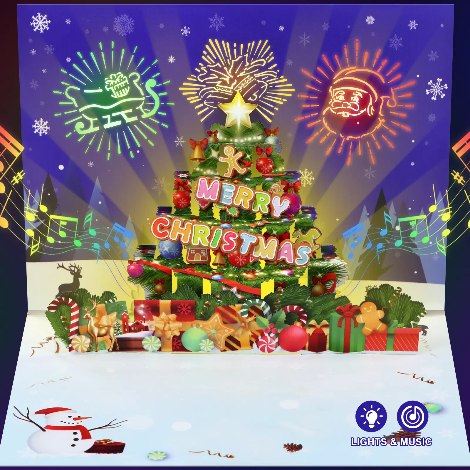 FaCraft 3D Handmade Pop-Up Christmas Cards with LED Lights, Built-In Music, Envelope, Blank Insert, Seal - Office Stationery for Christmas Parties, Children, Holiday Decorations, Laser-Cut