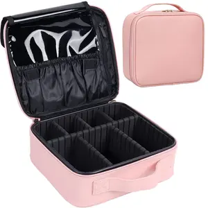 Portable Makeup Bag Waterproof PU Leather Organizer Compact Travel Cosmetic Pouch Vanity Purse  Zip with Adjustable Dividers Makeup Brushes Storage Organizer Gift for my girlfriend