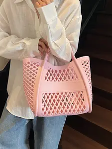 1pc  Hollow out jelly tote bag with breathable diamond grid design, large capacity, durable, fashionable and simple, suitable for beach vacations, daily grocery shopping, can carry a girlish feel, full of women's tote bag Shopping Tote Bags