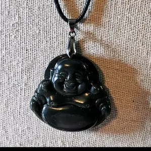 Natural Rainbow Obsidian Carved Buddha Pendant with Corded Necklace 24"