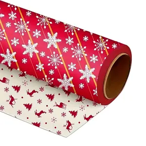 Christmas Reindeer And Snowflakes Double-Sided Gift Wrap Paper - 43.18cm X 3.68meter Roll with Stickers, Great for Holiday Gifts And Family Gifts, White/Red