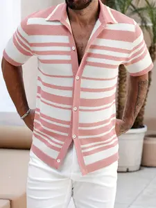 Men's Summer Knit Short Sleeve Collared Shirt, Striped Collar Breathable Casual Top, Lightweight Textured Blouse, Daily Vacation Wear