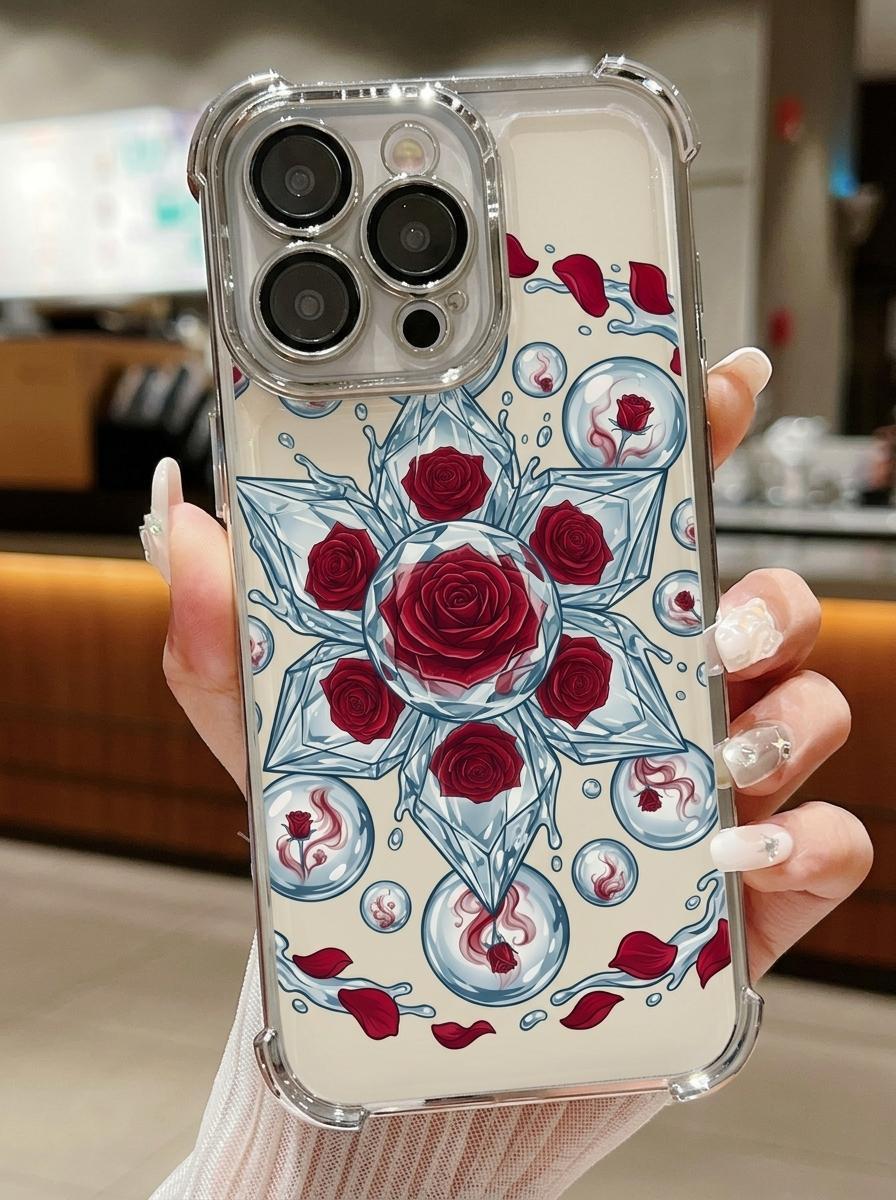Advanced Ice Crystal Rose Phone Case Supports iPhone 12/13/14/15/16/17 Full Series Pro/ProMax/Plus Ice Blue Water Pattern Decoration, Four Corner Thickened Airbag Design Anti Drop Protection Phone Case