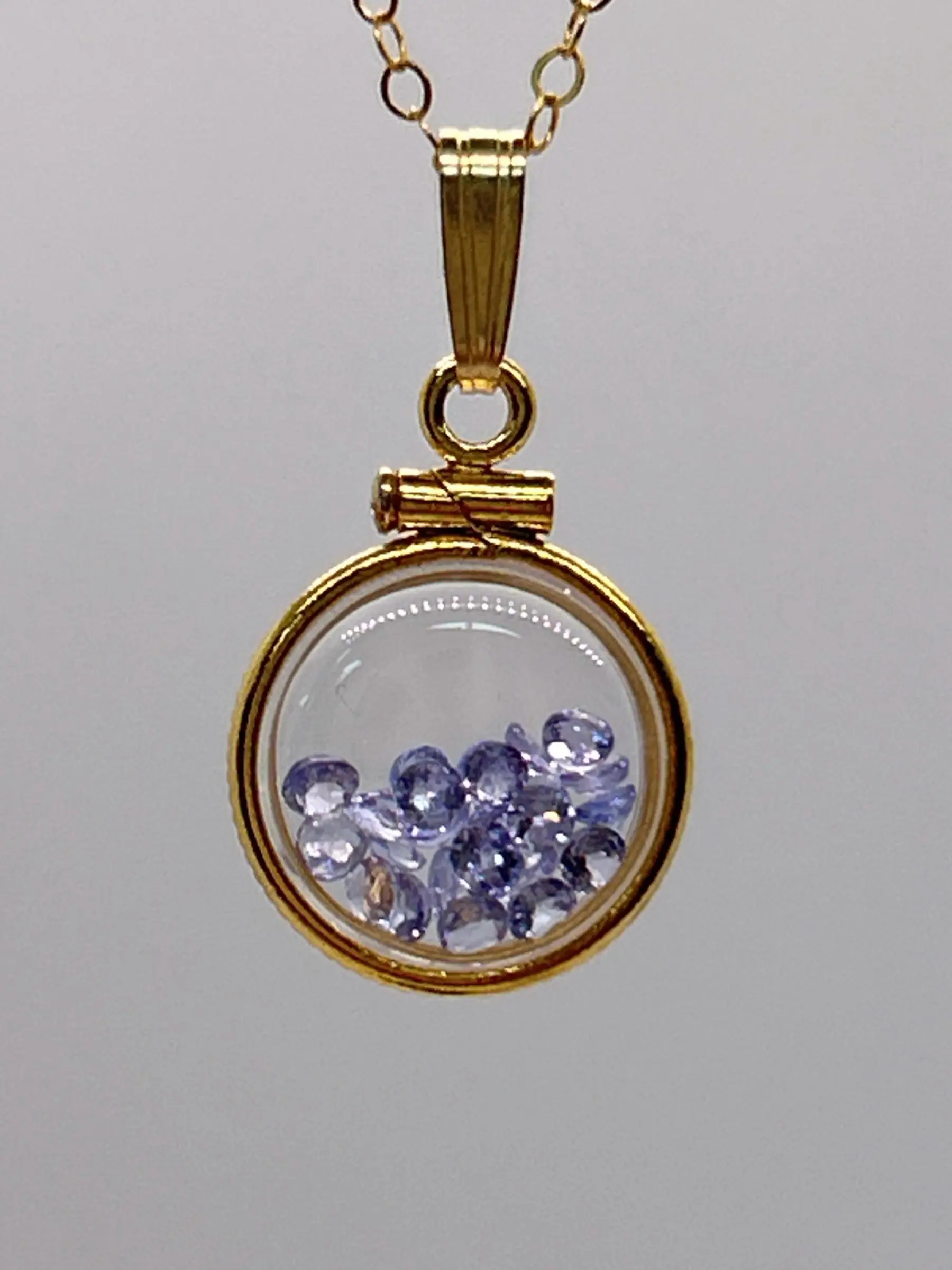 Handmade 12.5 mm 14k gold filled Gemstone  Shaker Locket, 0.75 cttw. Tanzenite, Birthstone December