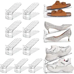 Shoe Slots Organizer for Closet 12 Pack Adjustable Level Shoe Stacker Holder Organization Double Layer Storage Space Saving Shoe Rack Organizer for Closet (Transparent)
