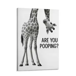 Funny Highland Cow Bathroom Wall Art - "Are You Pooping?" Art Canvas Print - Minimalist Black & White Bathroom Decor - Recycled Wood Frame - Bathroom, Living Room, Office Decor