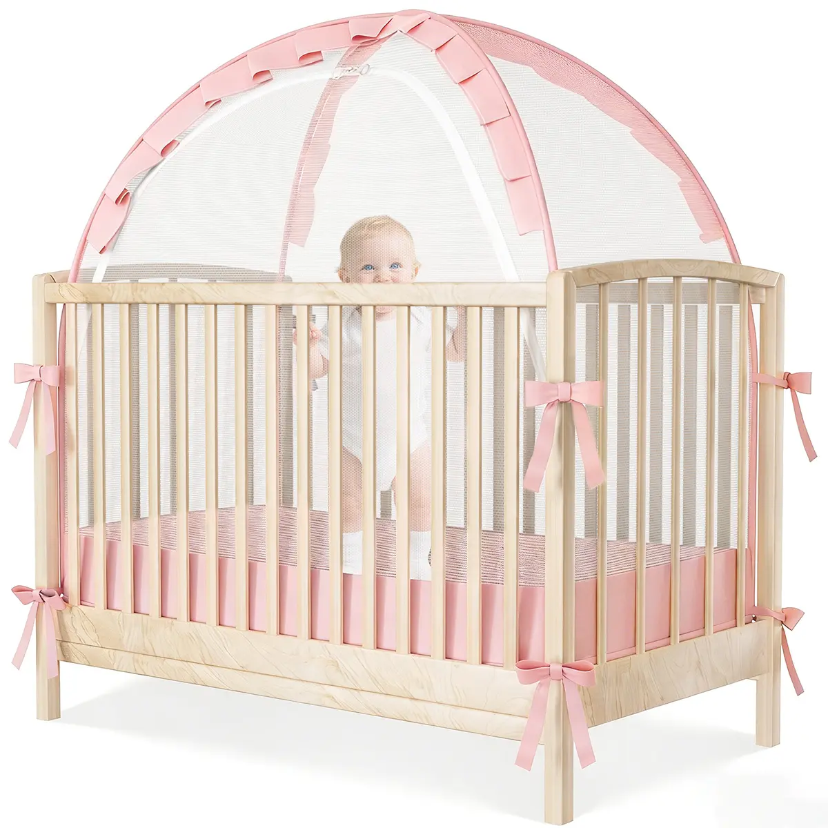 COMOMY Crib Mosquito Netting for Baby, Crib Tent for Baby, Baby Crib Cover, Pop up Crib Canopy with Auto-Lock Zipper, Large Opening and Space, Portable, Pink, dealsforyou, summerwins, restock, dealsforyoudays, DFYD