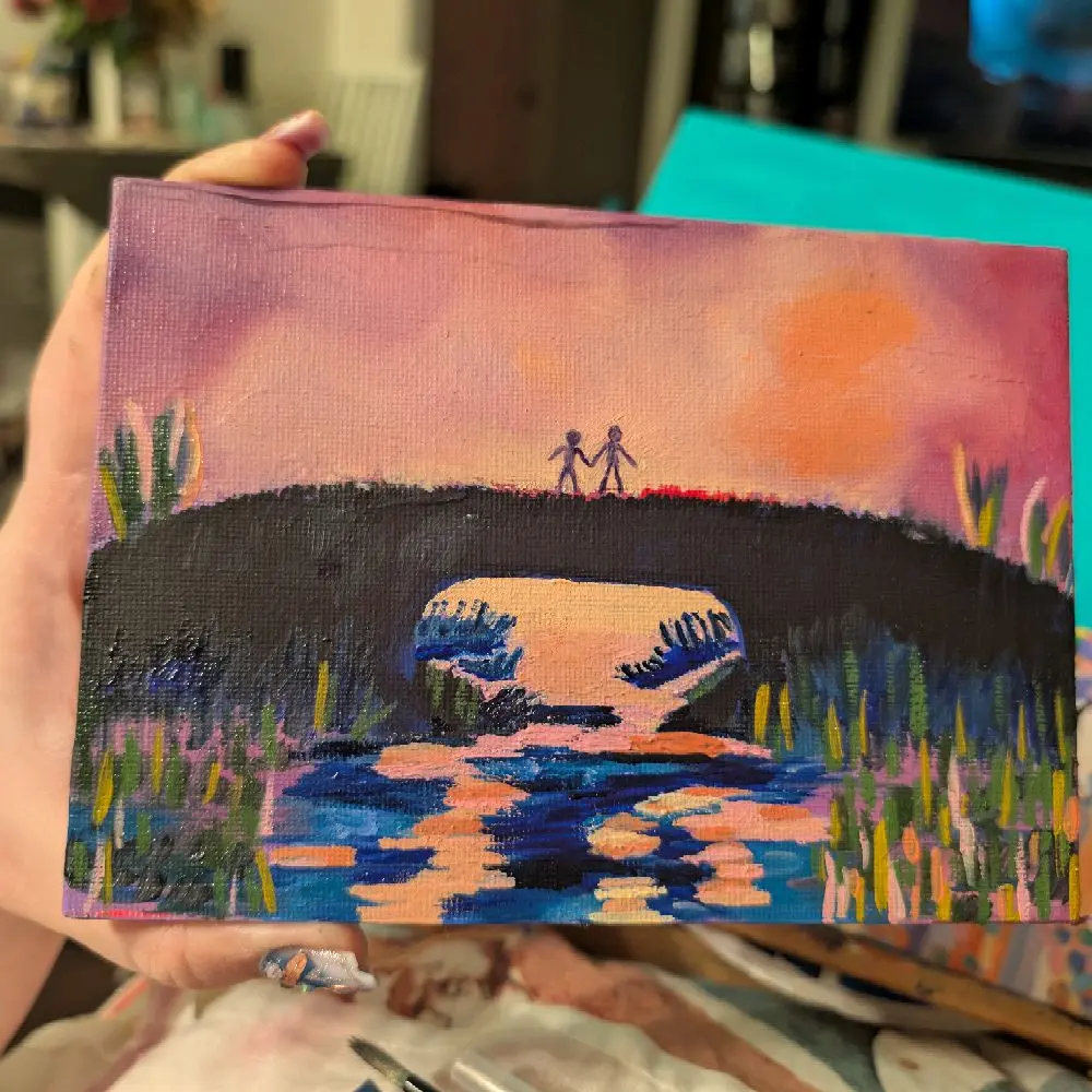 Two Lovers on a Bridge Romantic Sunset Scene Canvas Art for Home Decor 4x6 Vibrant Colors and Emotional Connection